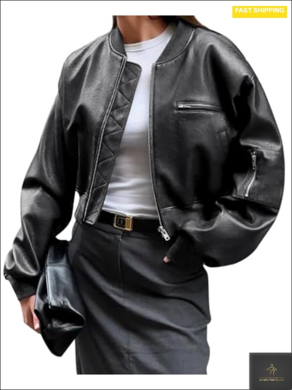 Women's Faux Leather Cropped Bomber Jacket Zip Up Boyfriend Oversized Coat